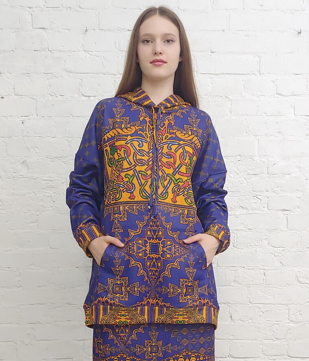 Худи "Золото на синем", по мотивам старинного русского орнамента