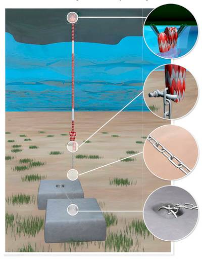 Амортизирующий банджи-трос для якорения надувных аквапарков и водных конструкций