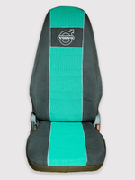 Чехлы VOLVO FH-13 после 2018 года: 2 высоких сиденья, ремни из сиденья (есть вырезы под ремень) (полиэфир, черный, зеленая вставка)