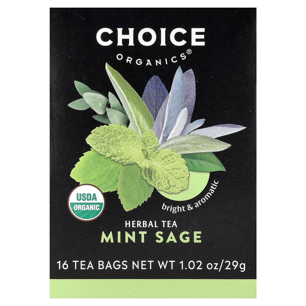 Choice Organics, травяной чай, мята и шалфей, без кофеина, 16 чайных пакетиков, 29 г (1,02 унции)