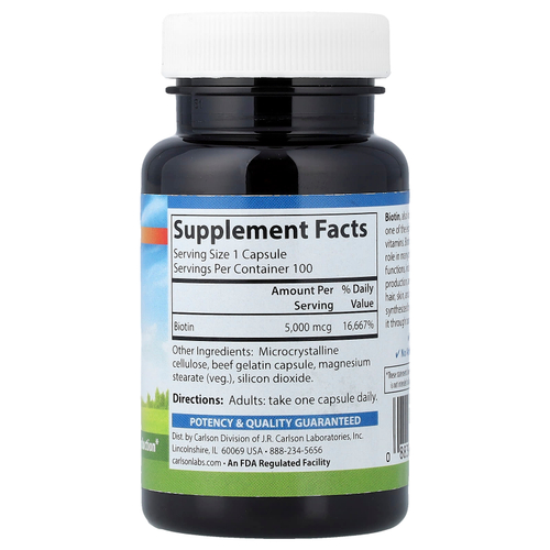 Carlson, Биотин, 5000 мкг, 100 капсул