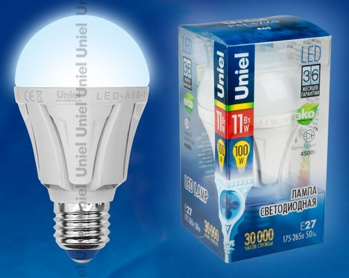 LED-A60-11W/NW/E27/FR ALP01WH Лампа светодиодная. Форма A, матовая колба. Материал корпуса алюминий. Цвет свечения белый. Серия Palazzo. Упаковка пл