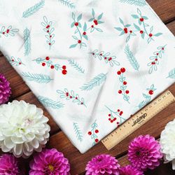 Ткань таффета прозрачные веточки с клюквой