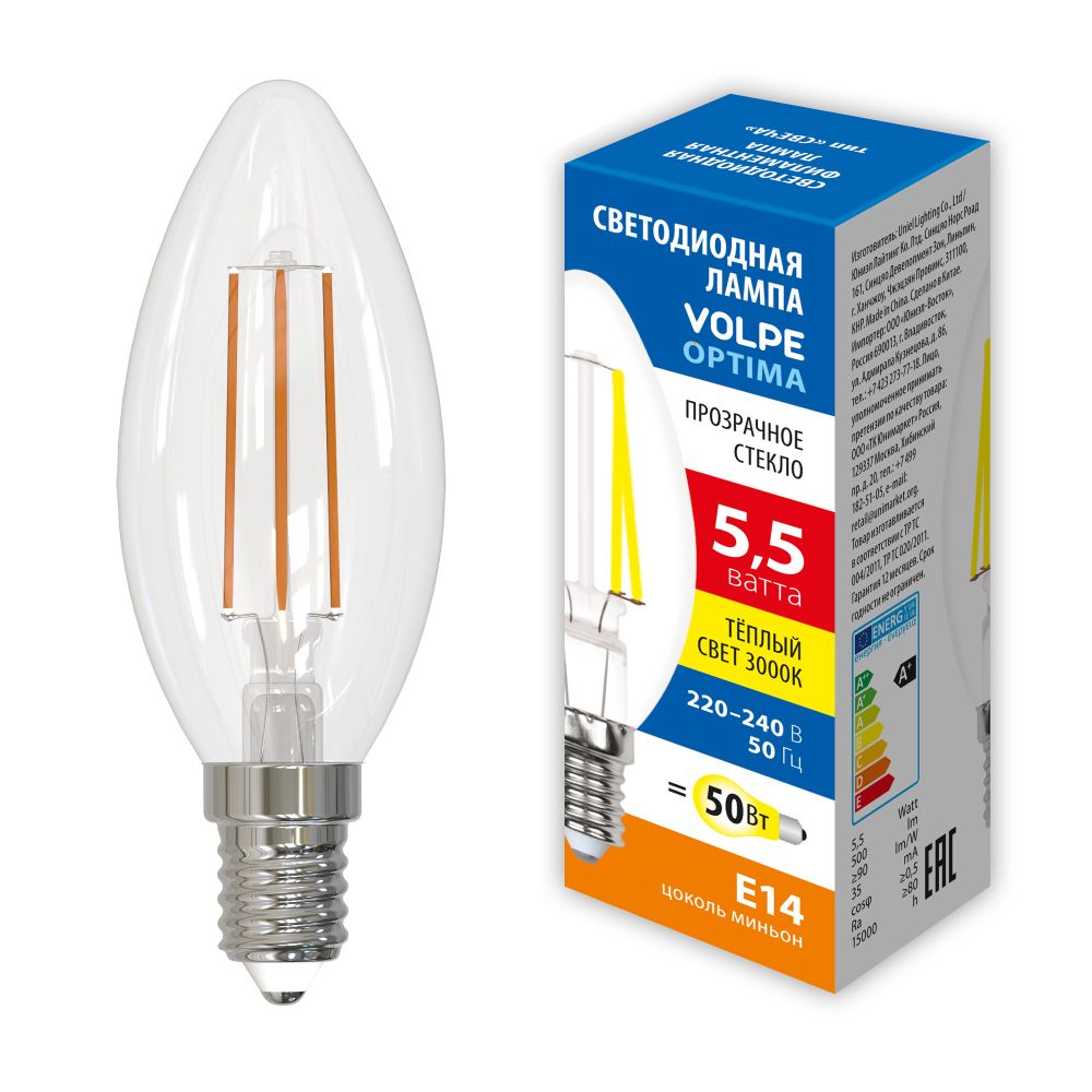 LED-C35-5.5W-3000K-E14-CL-SLF Лампа светодиодная. Форма свеча. прозрачная. Теплый белый свет 3000K. ТМ Volpe