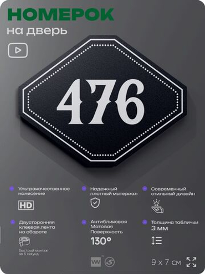 Номерок на дверь квартиры 476, для кабинета, офиса, шильдик 9 х 7 см, черный, Айдентика Технолоджи