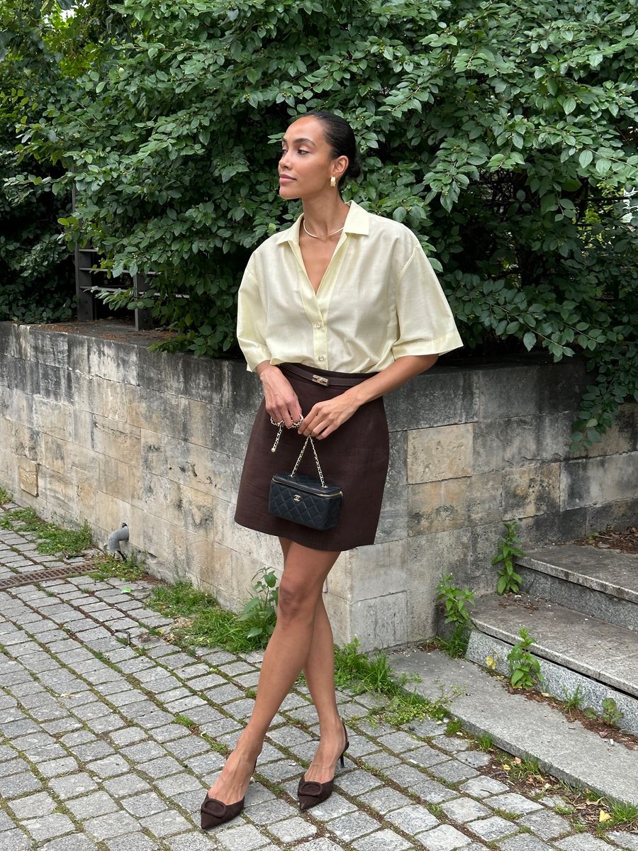 Блуза-рубашка из тенселя с коротким рукавом лимонная