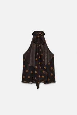 ZARA ТОП ИЗ ЖОРЖЕТА С ГОРЛОВИНОЙ ХАЛТЕР В ГОРОШЕК, ОТТЕНКИ КОРИЧНЕВОГО