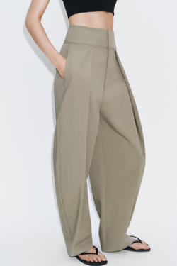 ZARA БРЮКИ BALLOON С ЗАЩИПАМИ, МЯГКИЙ ЗЕЛЕНЫЙ