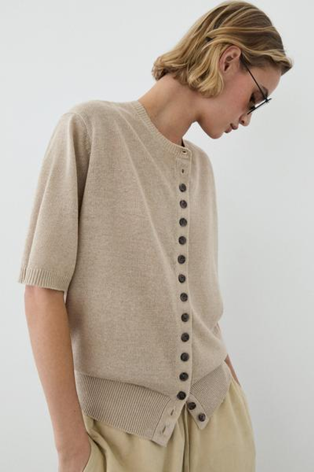 Massimo Dutti Кардиган с короткими рукавами из смесовой льняной ткани, светло-зеленый