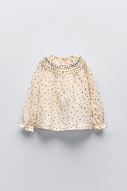 ZARA РУБАШКА С ВЫШИВКОЙ И ПРИНТОМ, ЭКРЮ