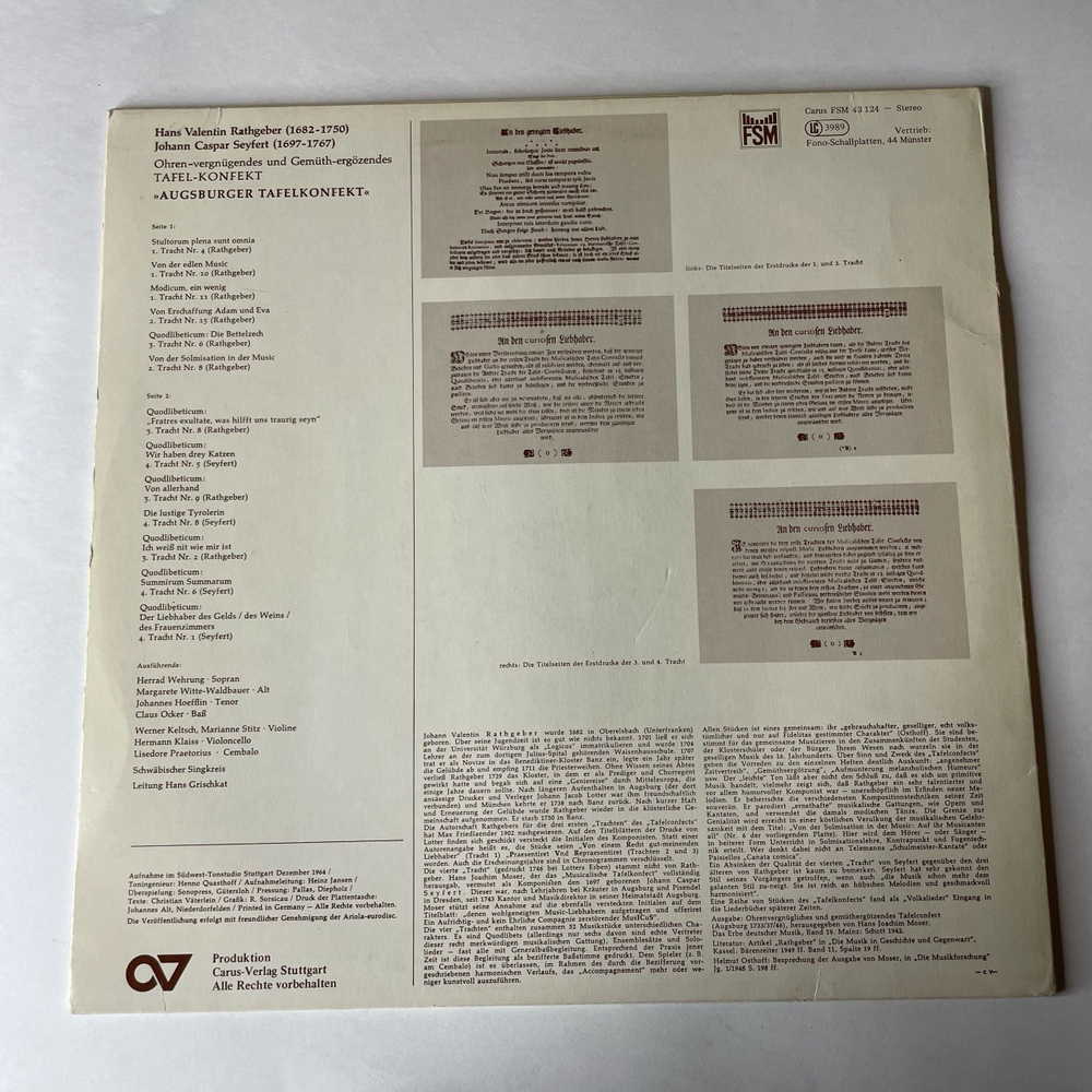 Винтажная виниловая пластинка LP Классическая Музыка, Johann Valentin Rathgeber, Hans Grischkat, Augsburger Tafelkonfekt (Германия 1985)