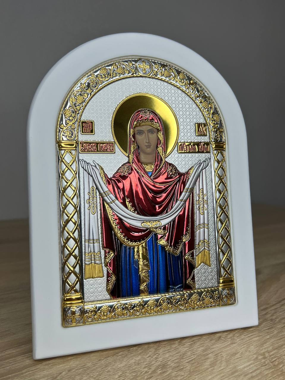 Покрова, икона арочная, белое дерево, эмаль 150х200