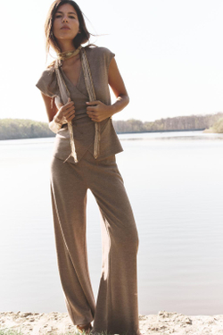 ZARA ШИРОКИЕ БРЮКИ С ТЕКСТУРНЫМ УЗОРОМ, СВЕТЛО-КОРИЧНЕВЫЙ