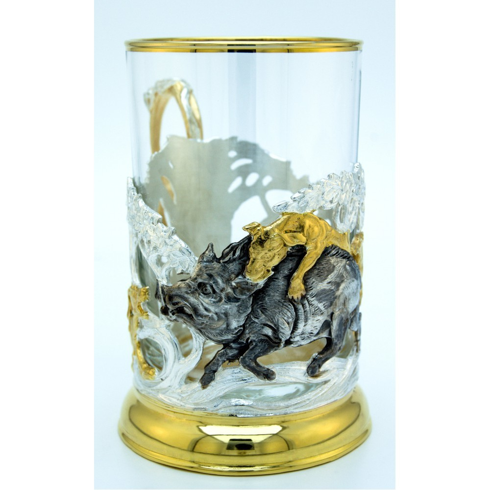 Подстаканник "Охота на Кабана" из латуни с золочением