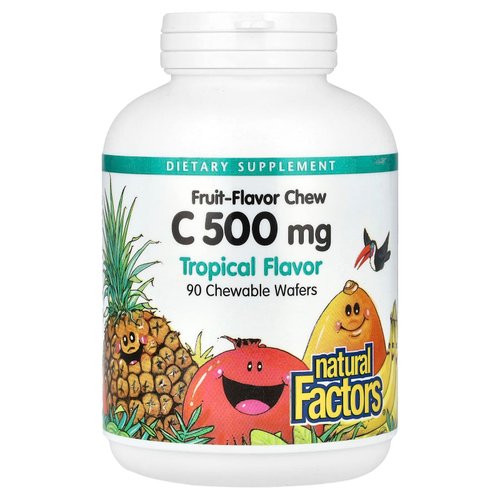 Natural Factors, фруктовые жевательные таблетки с витамином C, тропические фрукты, 500 мг, 90 жевательных таблеток