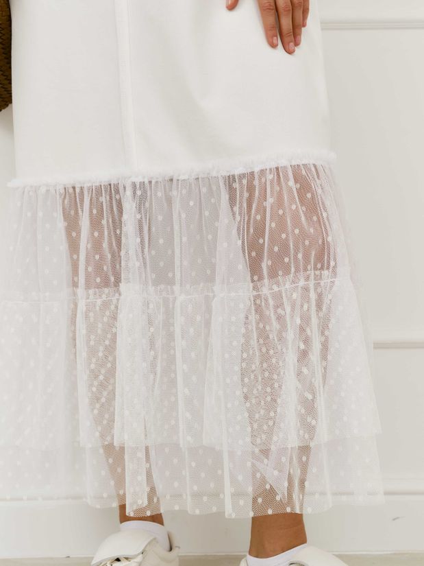 Платье трикотажное макси,с воланом из сетки, молочный