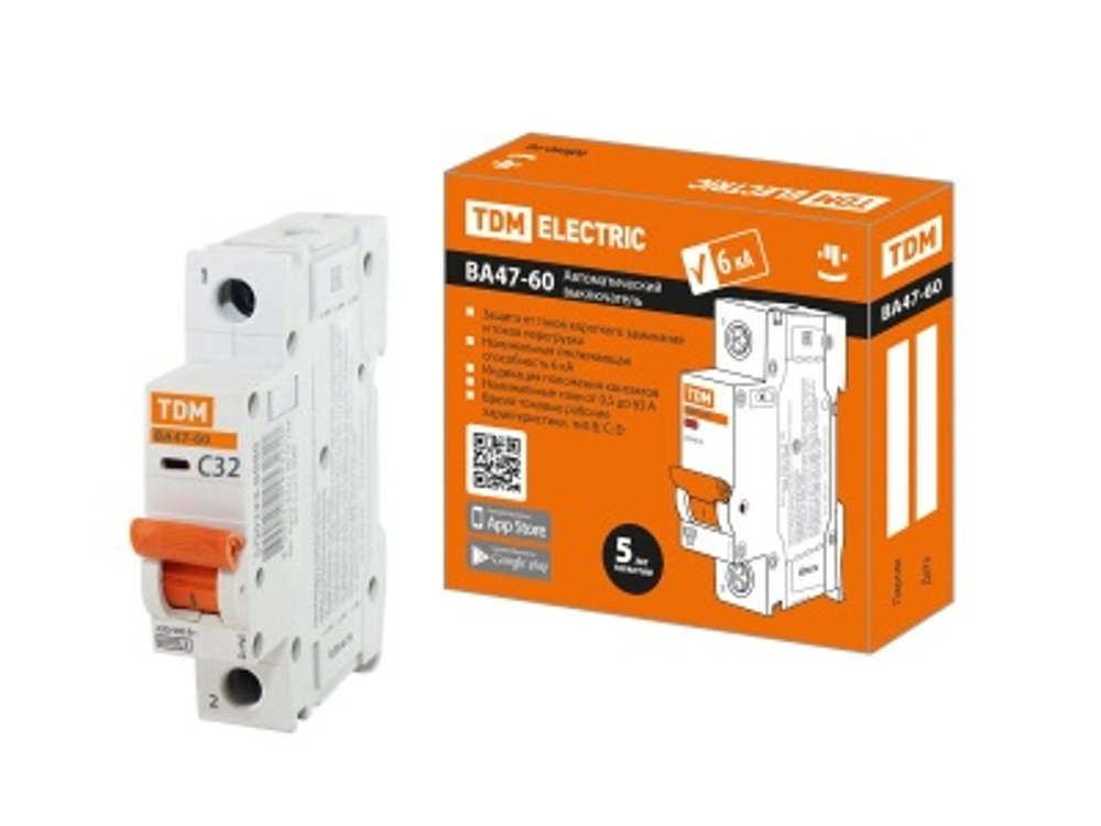 Автоматический выключатель ВА47-60 1Р 32А 6кА х-ка С TDM