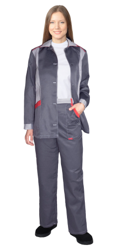 Костюм ЗОЛУШКА женский, куртка, брюки, темно-серый со светло-серым и красной отделкой