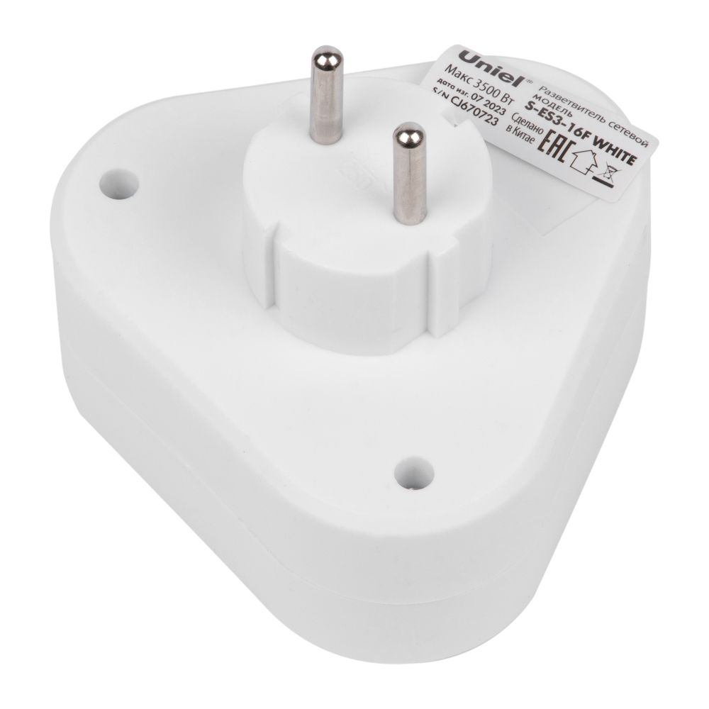 S-ES3-16F WHITE Разветвитель сетевой. б-з. 3 гнезда. 16А. 3500Вт. Белый. ТМ Uniel