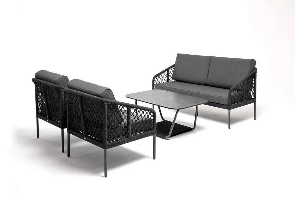 "Канны" диван 2-местный плетеный из роупа (узелки), каркас алюминий темно-серый (RAL7024) муар, роуп темно-серый круглый, ткань темно-серая 027
