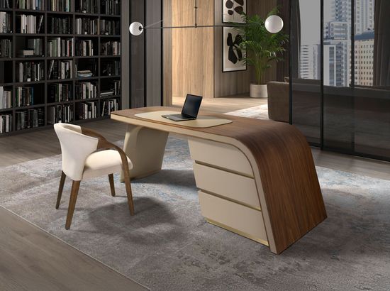 Письменный стол 3268/DS-23006 из ореха и кремовой экокожи Испания 