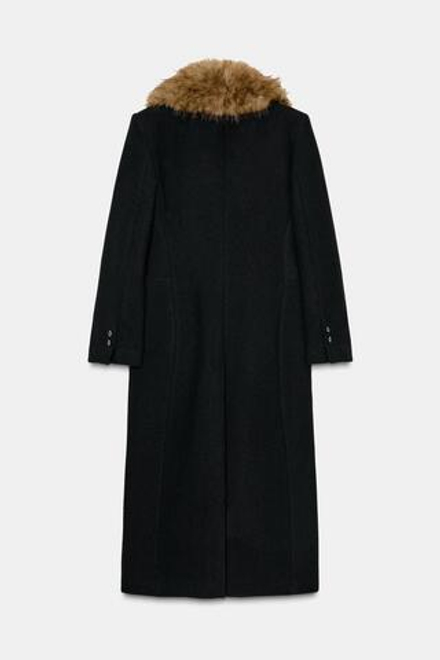 ZARA ПАЛЬТО С ВОРОТНИКОМ ИЗ ИСКУССТВЕННОГО МЕХА, ЧЕРНЫЙ