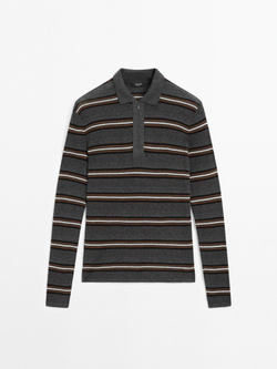 Massimo Dutti Свитер в полоску с воротником поло, серый меланж