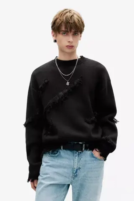 PULL&BEAR Рваный свитер с бахромой, черный