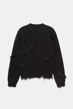PULL&BEAR Рваный свитер с бахромой, черный