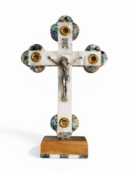 Крест распятие Иерусалимский с белым перламутром на подставке