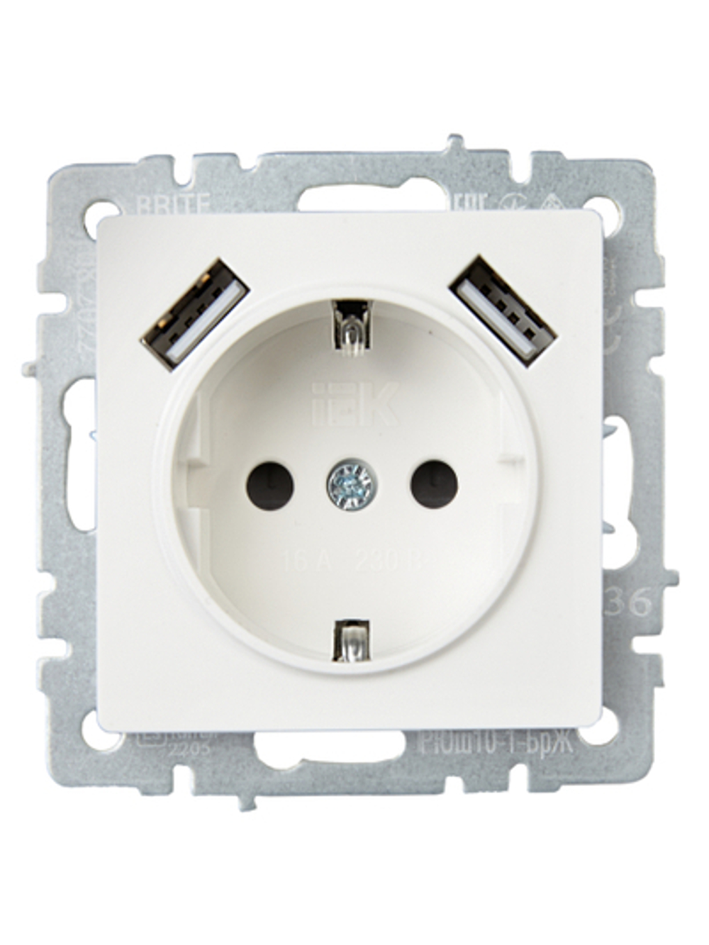BRITE Розетка 1-местная с заземлением с защитными шторками 16А с USB A+A 5В 2,1А РЮш10-1-БрЖ жемчуг IEK