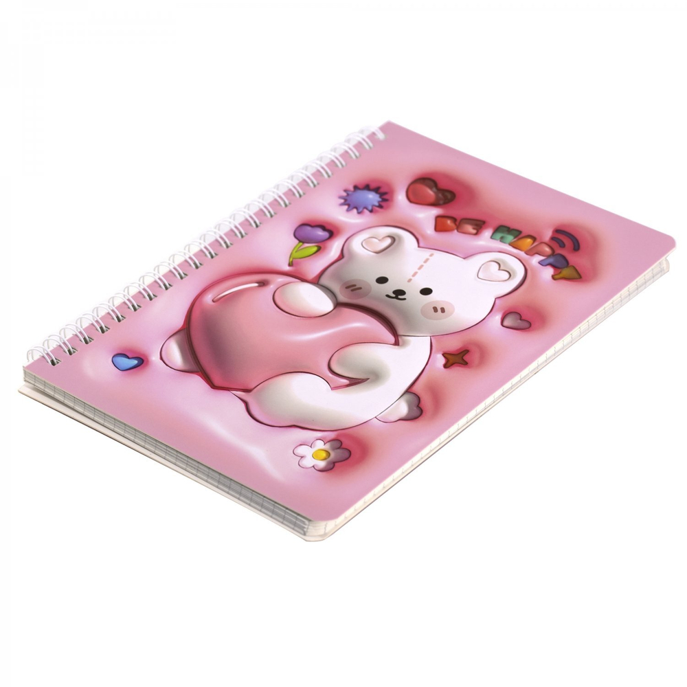 Блокнот 14,5 см * 20,5 см , гребень, Alingar, ламинация, конгрев, эффект 3D, 60 л., клетка, "Мишка", розовый