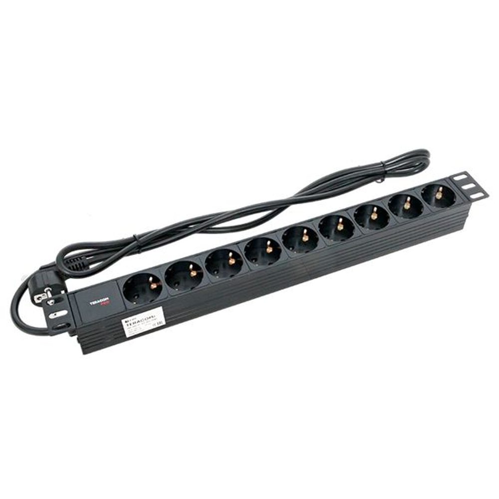 Блок розеток PDU TERACOM PRO 19" 1U 16А/250В 9 розеток Schuko шнур питания длиной 2 метра сечение 3x1,5 мм2 вилка Schuko корпус пластик черный