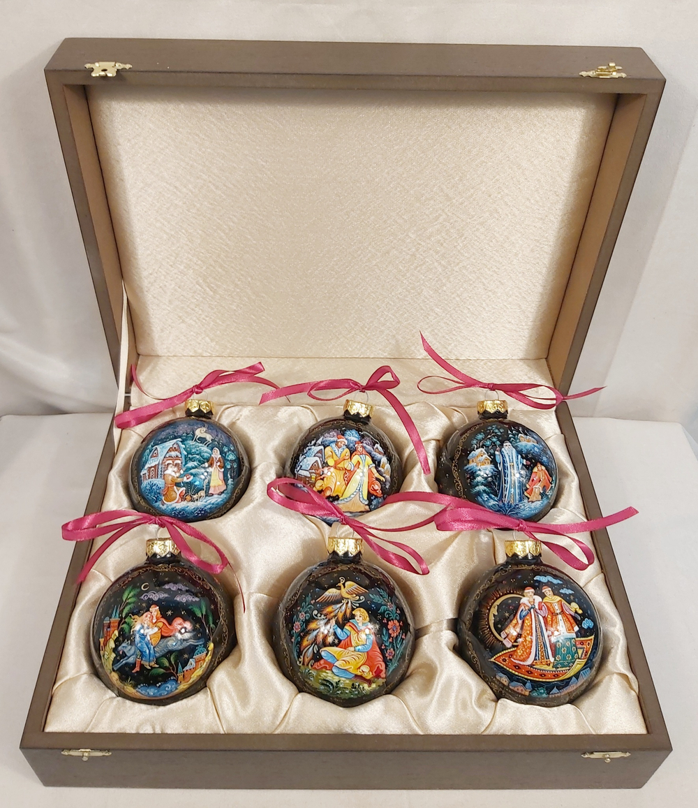 Сувенирный набор из 6-х новогодних шаров с ручной росписью Палех "Сказки"