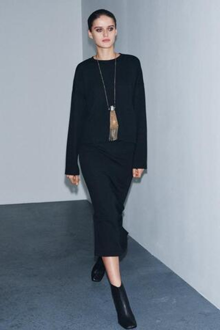 ZARA ЮБКА МИДИ ИЗ МЯГКОЙ ТКАНИ, ЧЕРНЫЙ МЕЛАНЖ