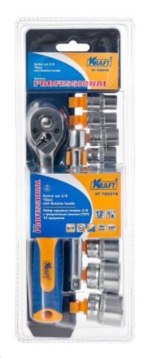 Набор головок 12 предм. (3/8) с трещоткой (KRAFT)