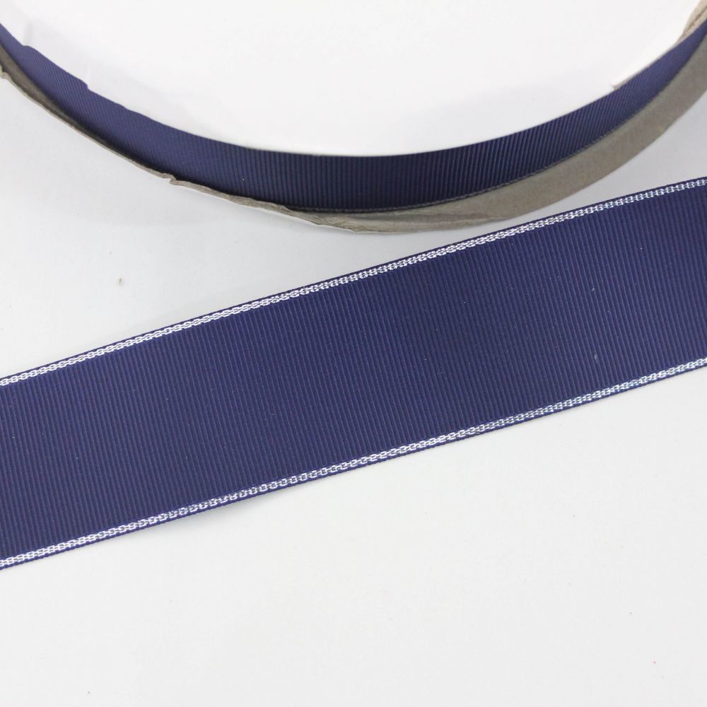 `Лента репсовая однотонная с металл. кромкой(серебро) 38 мм, цвет: 370 темно-синий