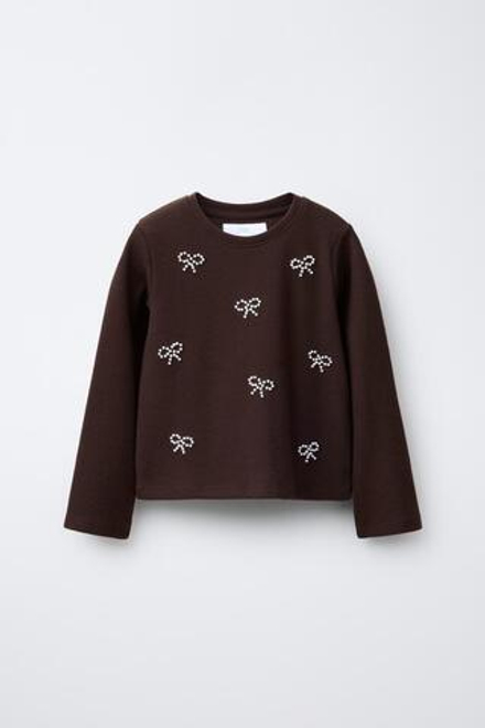 ZARA ЛОНГСЛИВ SOFT TOUCH С БАНТАМИ И БУСИНАМИ, КОРИЧНЕВЫЙ