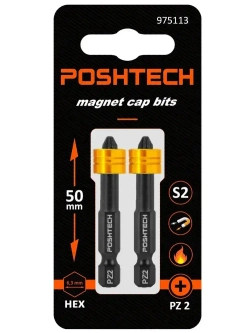 Бита с магнитным держателем / ограничителем, пружинистый механизм, S2 / износостойкая, PZ2 x 50мм 2шт. POSHTECH