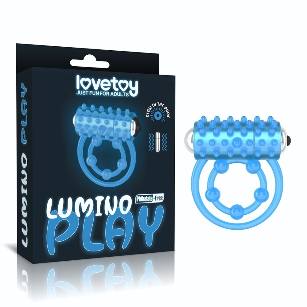 Голубое, светящееся в темноте виброкольцо Lumino Play Vibrating Penis Ring (Цвет: голубой)