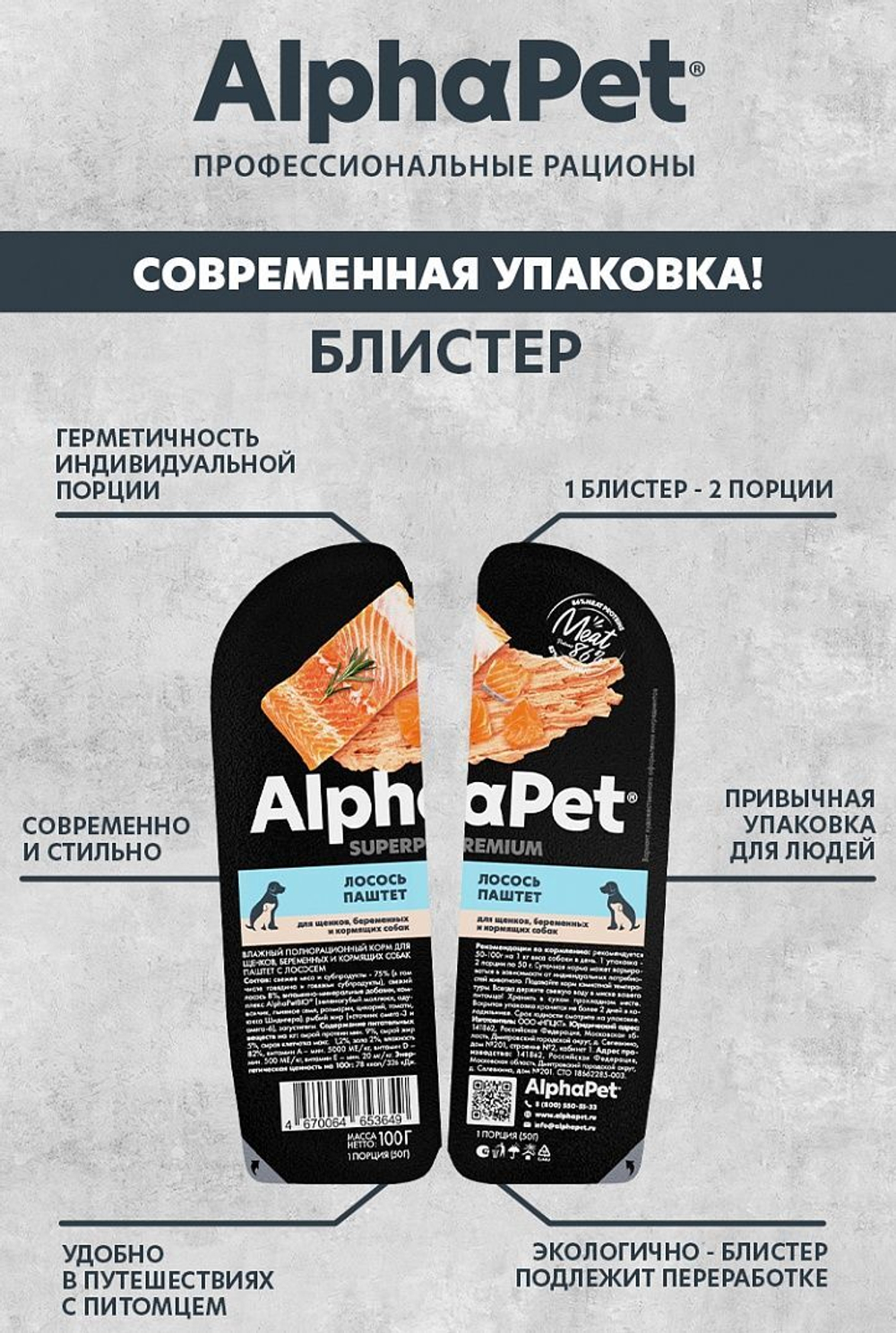 Влажный полнорационный корм для беременных, кормящих собак и щенков AlphaPet Superpremium, паштет с лососем 100 шр. 15 упаковок