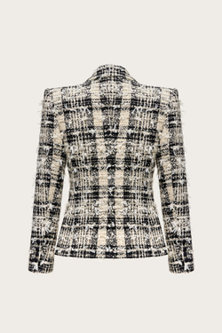 ЖАКЕТ ИЗ СЕРОГО ХЛОПКОВОГО ТВИДА С ЛЮРЕКСНОЙ НИТЬЮ