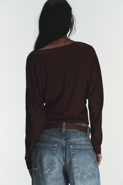 ZARA ФУТБОЛКА С ДРАПИРОВКОЙ, ШОКОЛАДНЫЙ