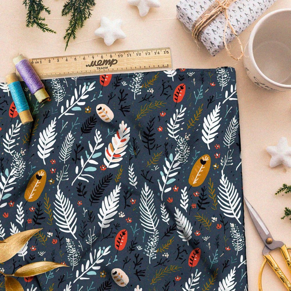 Ткань Ниагара Софт белые веточки на сером