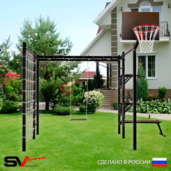 Уличная шведская стенка Sv Sport рукоход с комплектом турник прямой 2шт У5566К (Брусья/Стойка/Скамья/Деревянные/Щит баскет/Сетка)