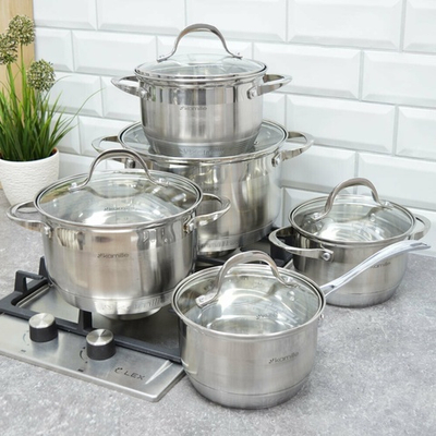 Набор кастрюль 5 предметов (1,8л, 2,3л, 3,3л, 5,8л, ковш 1,8л) нерж, 7-ми слойное дно, индукция