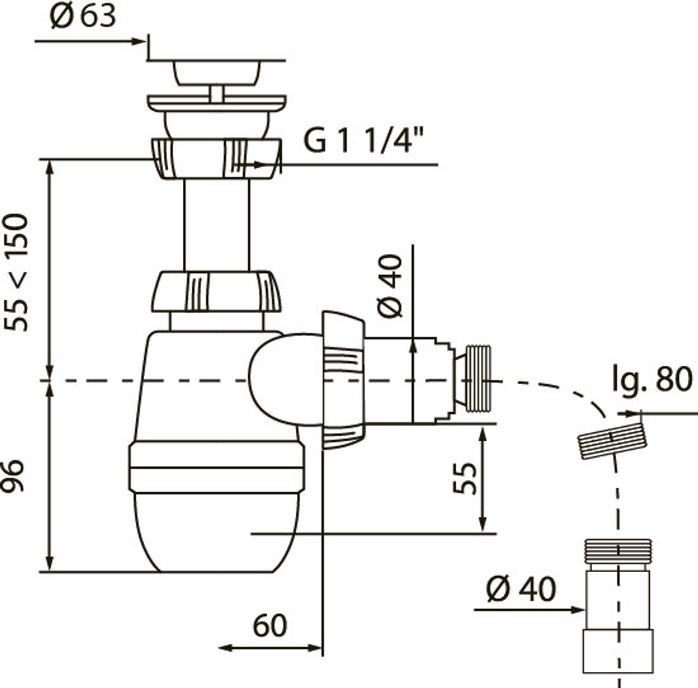 Комплект Донный клапан EWRIKA 8500385200 сталь + Сифон Wirquin Минор 30718050 бутылочный, белый