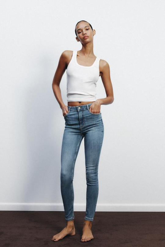 ZARA ДЖИНСЫ TRF SKINNY С ВЫСОКОЙ ПОСАДКОЙ, СИНИЙ