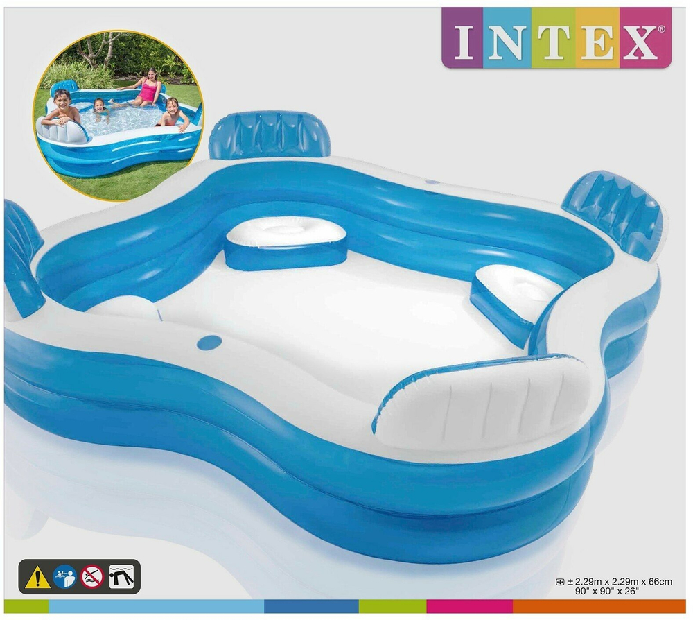 Бассейн надувной Intex 56475 Swim Center Family Lounge 229х229х66 см / Квадратный бассейн Интекс с сиденьями и спинками для дачи и отдыха