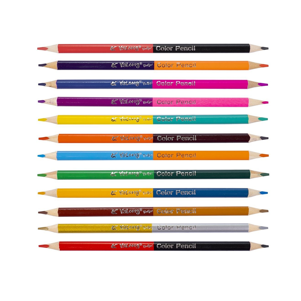 Карандаши цветные двусторонние Yalong 12/24 цв., "Колер" деревянные, трехгранные, заточенные, грифель 3.0 мм, картон.уп., европод.